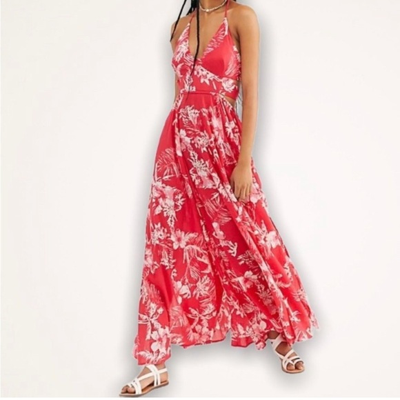 Free People Floral Red Maxi Dress with Slit Size XS - Picture 3 of 15